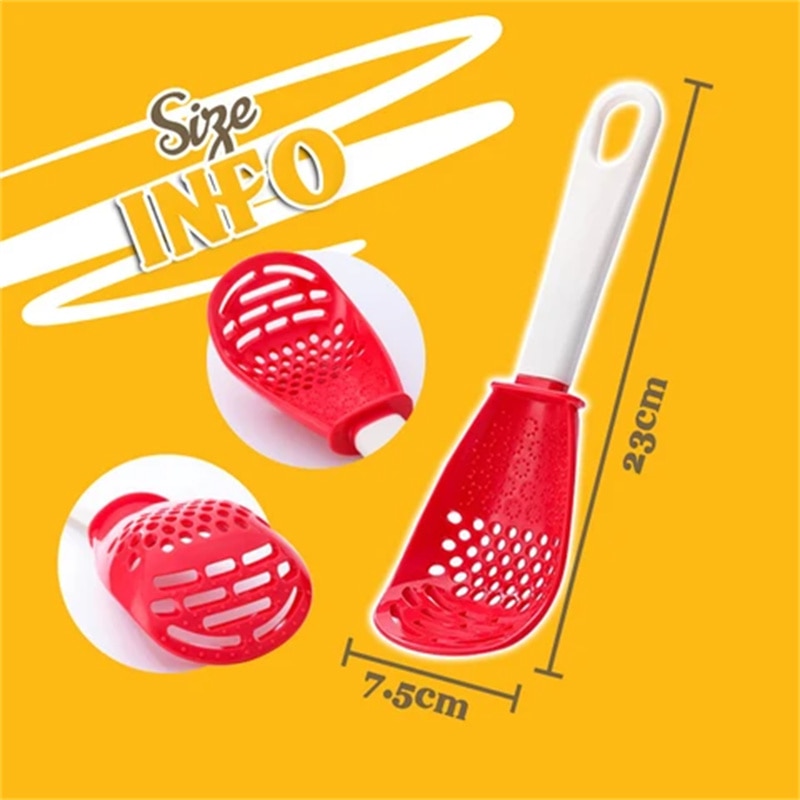 Multifunctional Cooking Spoon, Kitchen tools，Skimmer Scoop Colander  Strainer Grater Masher, Non-toxic, Heat-resistant, for Cooking, Draining,  Mashing, Grating (red red) 